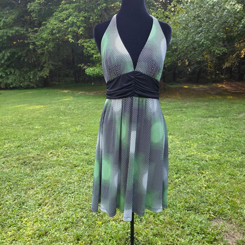 Vintage Y2K Women's L Green Black Halter Midi Dress Backless Ruched McBling